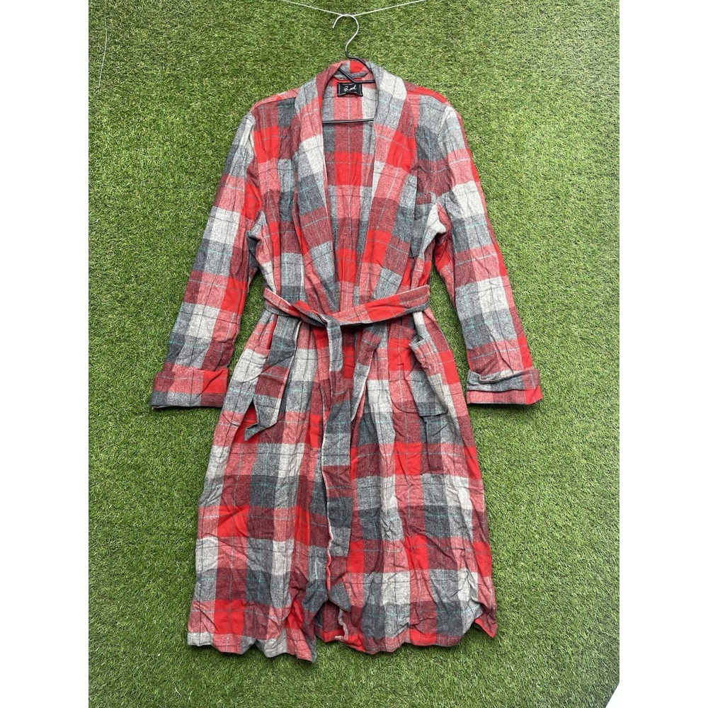 Vintage Saks Fifth Avenue Wool Robe Mens Large Bond Floor Length Red Plaid